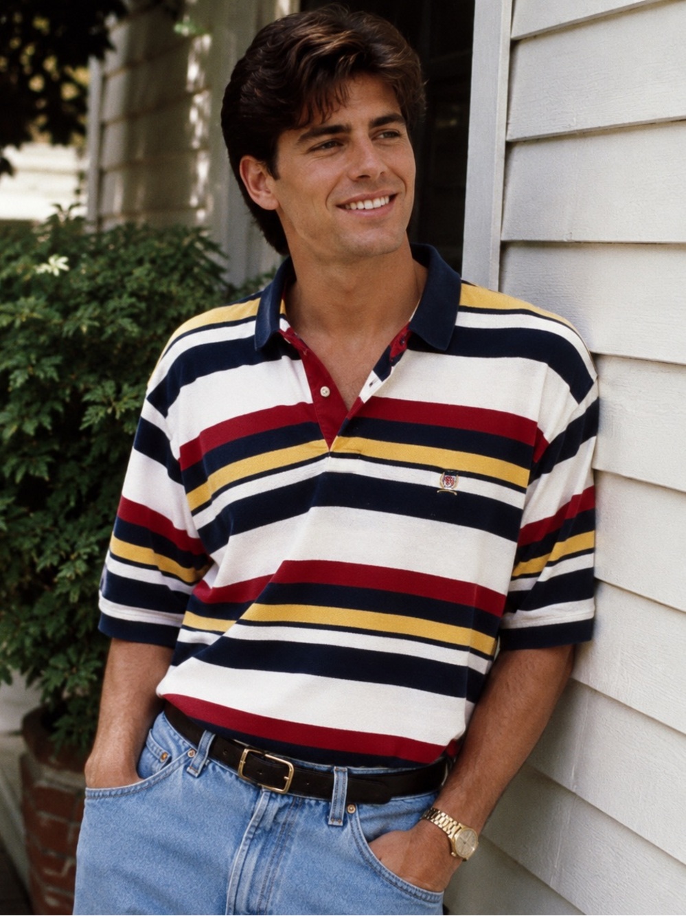 Tommy Hilfiger 90s/ Y2K Vintage Navy, White, Red & Yellow Striped Polo Shirt